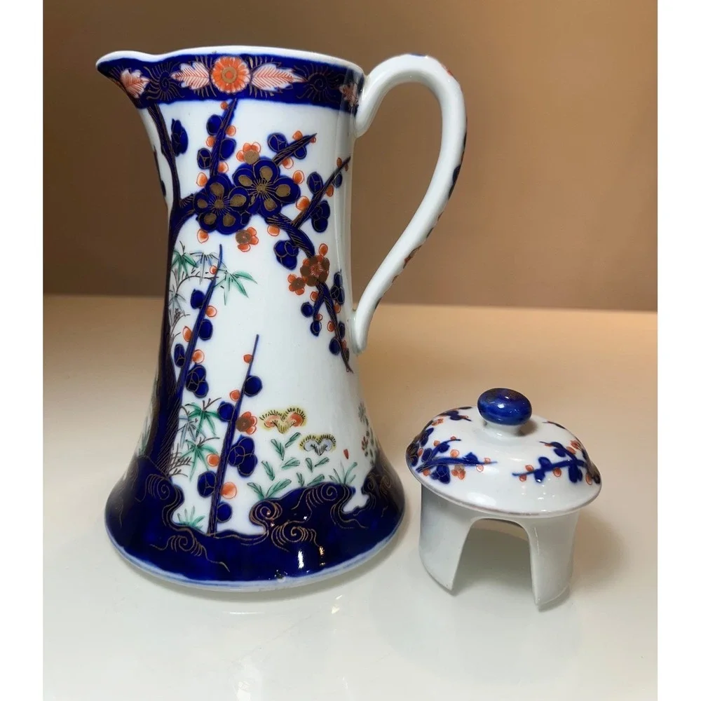 Antique Japanese Imari Porcelain Chocolate Pot Blue Orange Gold Hand Painted